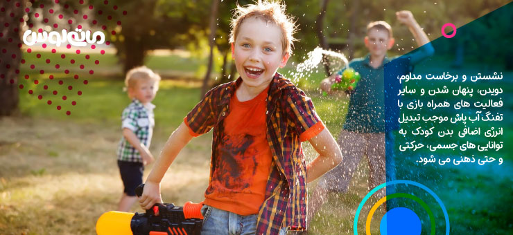 کودکان خوشحال در حال بازی با تفنگ آبی