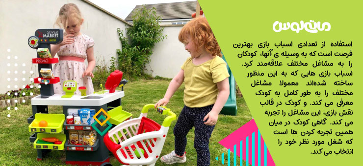 دو دختر بچه در حال بازی با ست مغازه سوپرمارکت