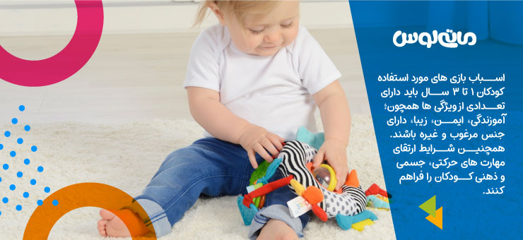 دختر بچه 1 تا 3 سال در حال بازی با اویز تخت رنگی روی زمین